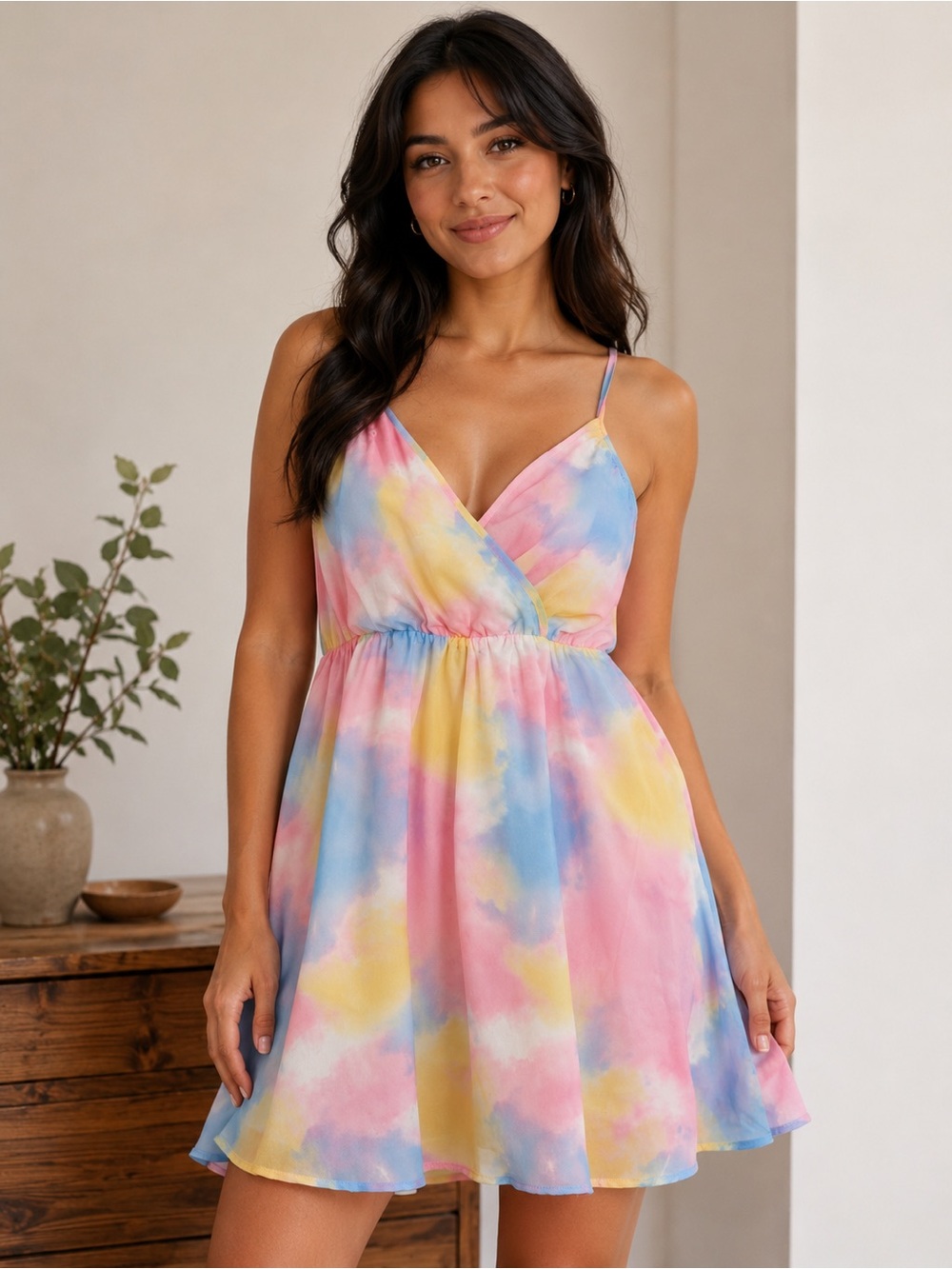 SHEIN Pastel Tie-Dye V-Neck Mini Dress - Pink Blue Yellow